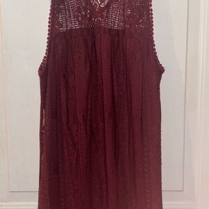 Burgundy Lace Sleeveless Dress Size L Boho Crochet Overlay